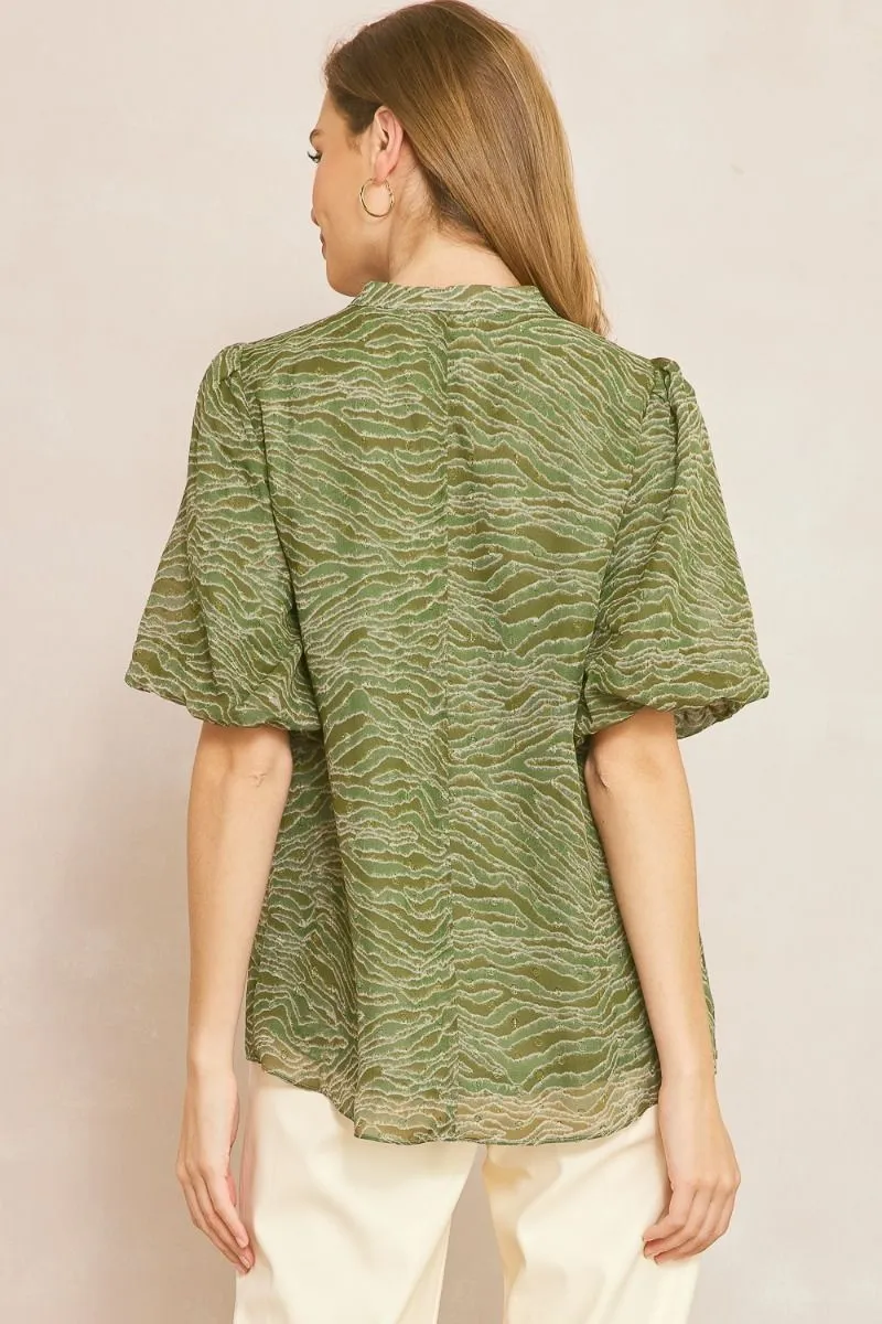 Entro Olive Animal Print Bubble Sleeve V-Neck Top Featuring Swiss Dot Detail
