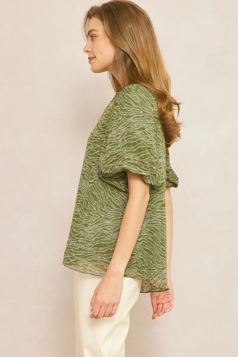 Entro Olive Animal Print Bubble Sleeve V-Neck Top Featuring Swiss Dot Detail