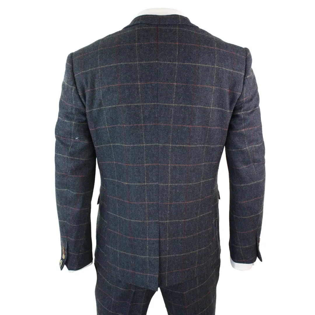 Eton - Men's Navy Blue Wine Check Herringbone Tweed 3 Piece  Suit