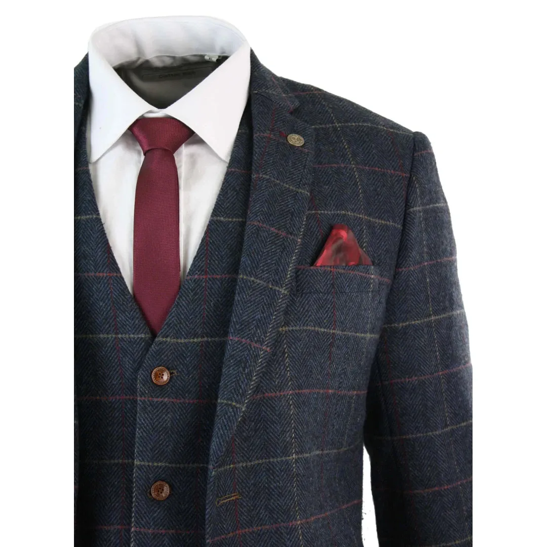 Eton - Men's Navy Blue Wine Check Herringbone Tweed 3 Piece  Suit