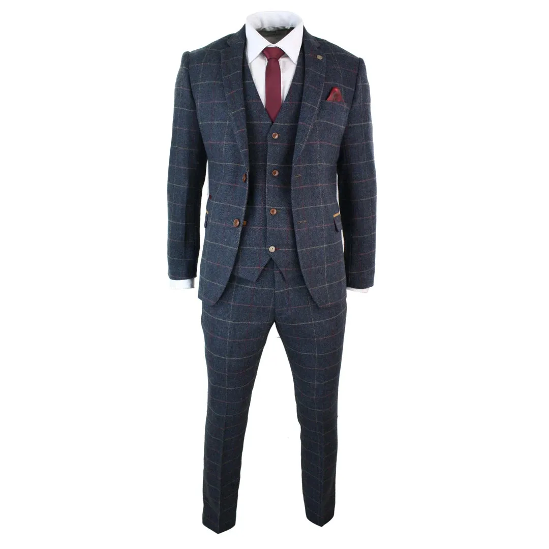 Eton - Men's Navy Blue Wine Check Herringbone Tweed 3 Piece  Suit