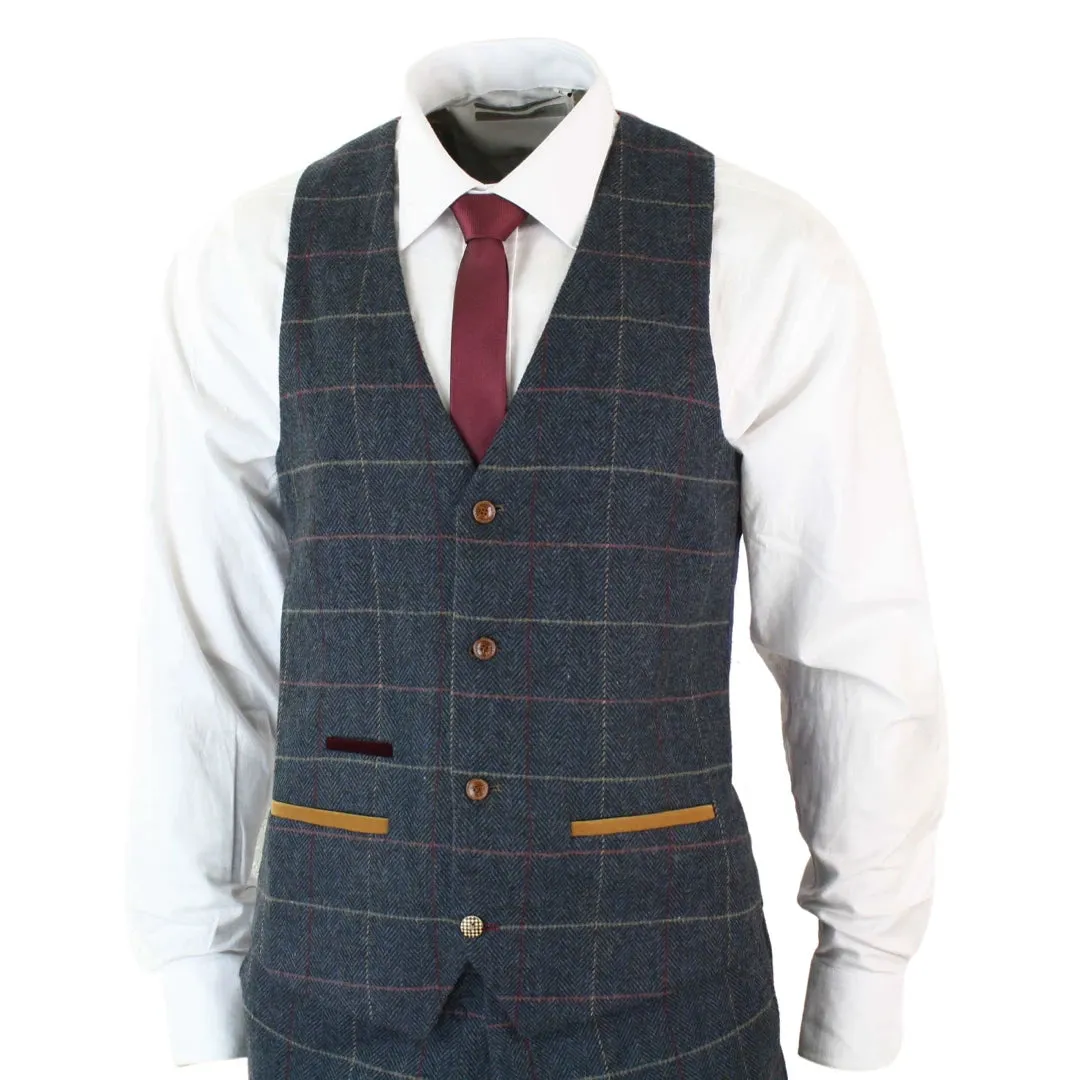 Eton - Men's Navy Blue Wine Check Herringbone Tweed 3 Piece  Suit