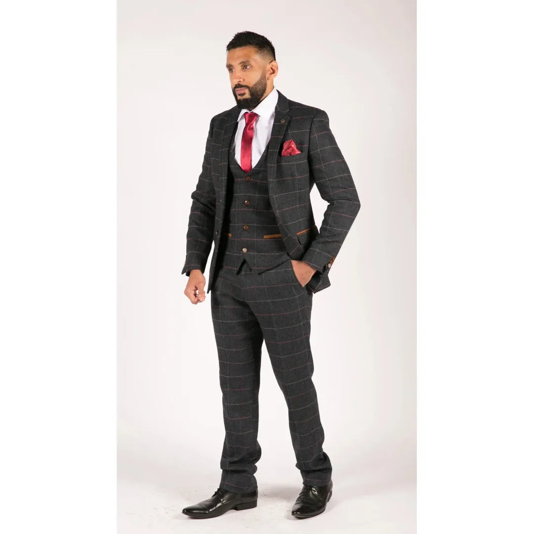 Eton - Men's Navy Blue Wine Check Herringbone Tweed 3 Piece  Suit