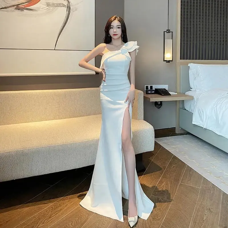 Evening Dress New Sexy Shoulder Split Floor-Dragging Long Soft Satin Dress - Open Back Host Car Model Wedding Pleat Dress