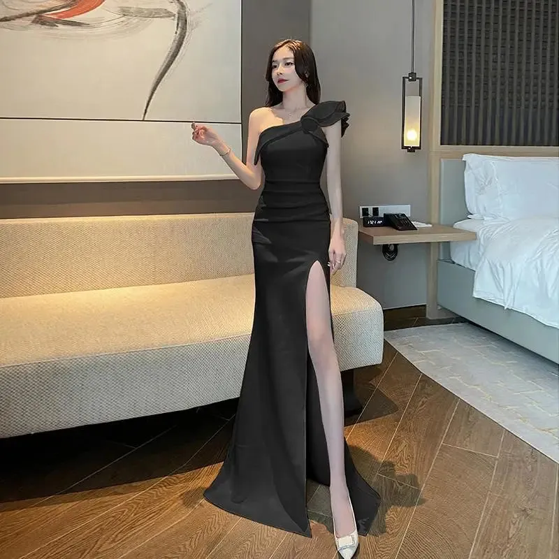 Evening Dress New Sexy Shoulder Split Floor-Dragging Long Soft Satin Dress - Open Back Host Car Model Wedding Pleat Dress