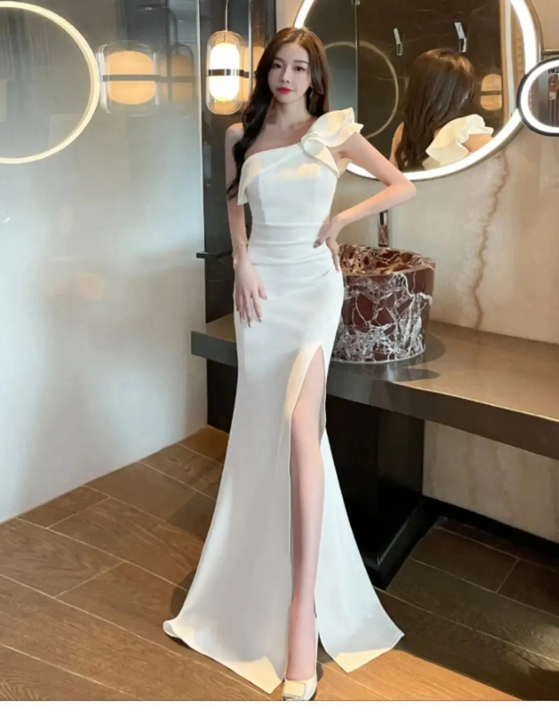 Evening Dress New Sexy Shoulder Split Floor-Dragging Long Soft Satin Dress - Open Back Host Car Model Wedding Pleat Dress
