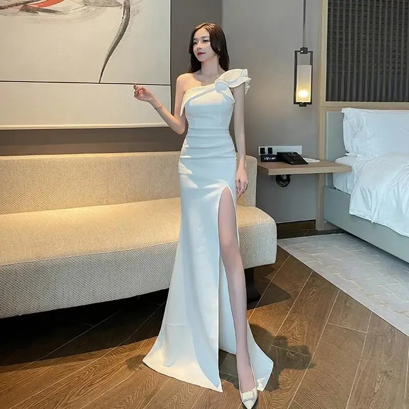 Evening Dress New Sexy Shoulder Split Floor-Dragging Long Soft Satin Dress - Open Back Host Car Model Wedding Pleat Dress
