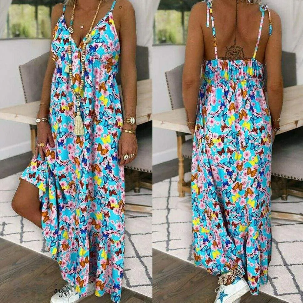 FashionSierra - New Women Summer Beach Strappy V-neck Dress Fashion Ladies Boho Floral Sundress Holiday Beach Sundress Clothes