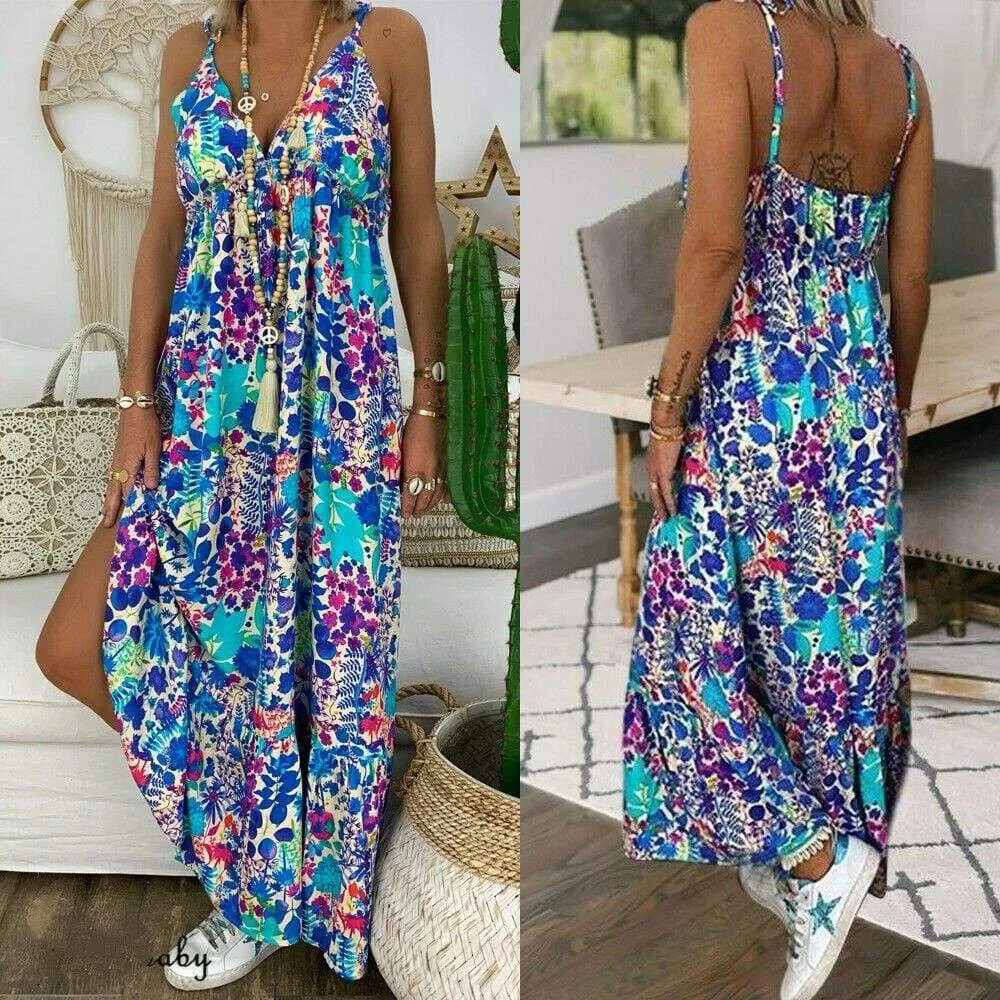 FashionSierra - New Women Summer Beach Strappy V-neck Dress Fashion Ladies Boho Floral Sundress Holiday Beach Sundress Clothes