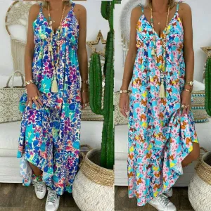 FashionSierra - New Women Summer Beach Strappy V-neck Dress Fashion Ladies Boho Floral Sundress Holiday Beach Sundress Clothes