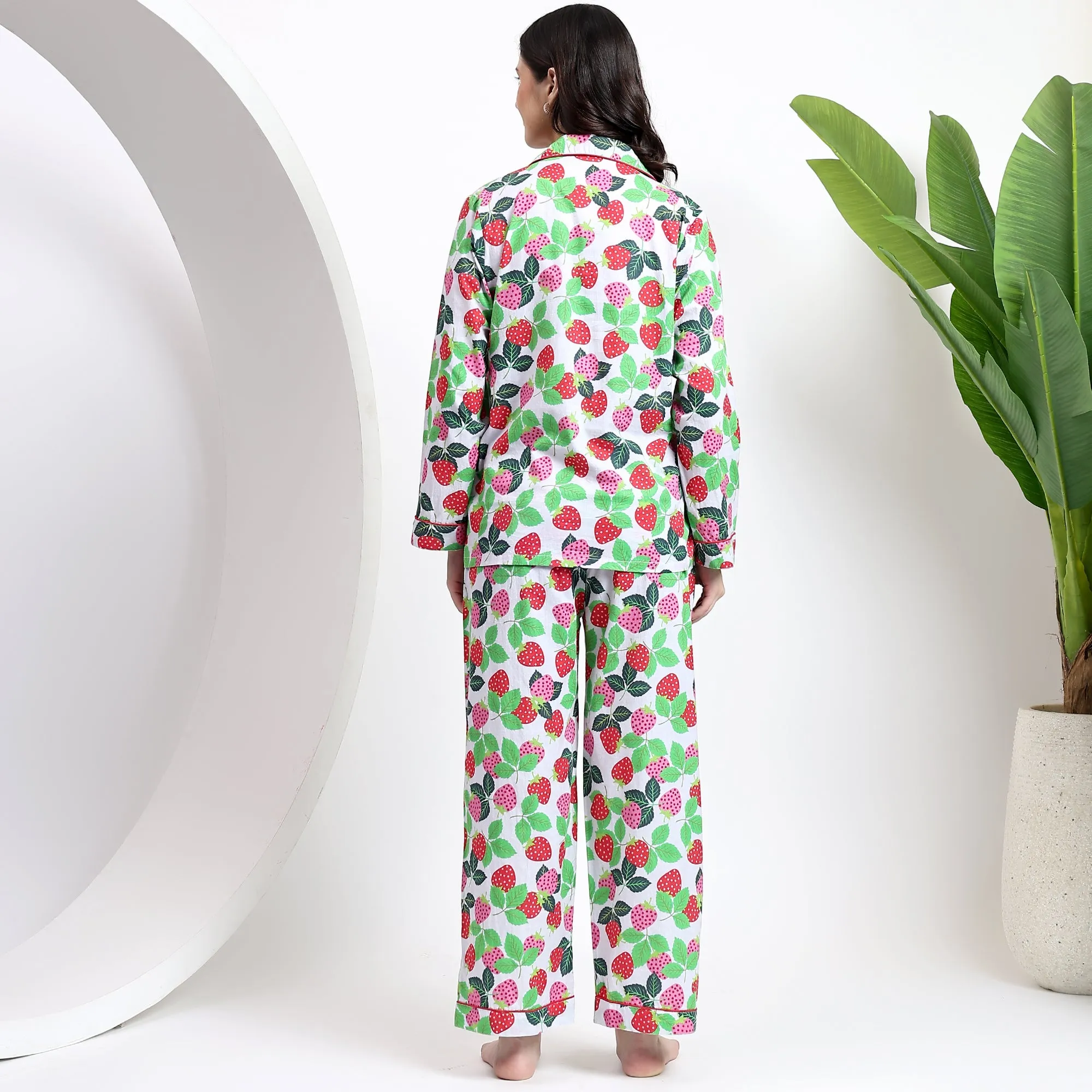 Full Sleeves PJ Set in Strawberry Print Cotton Fabric