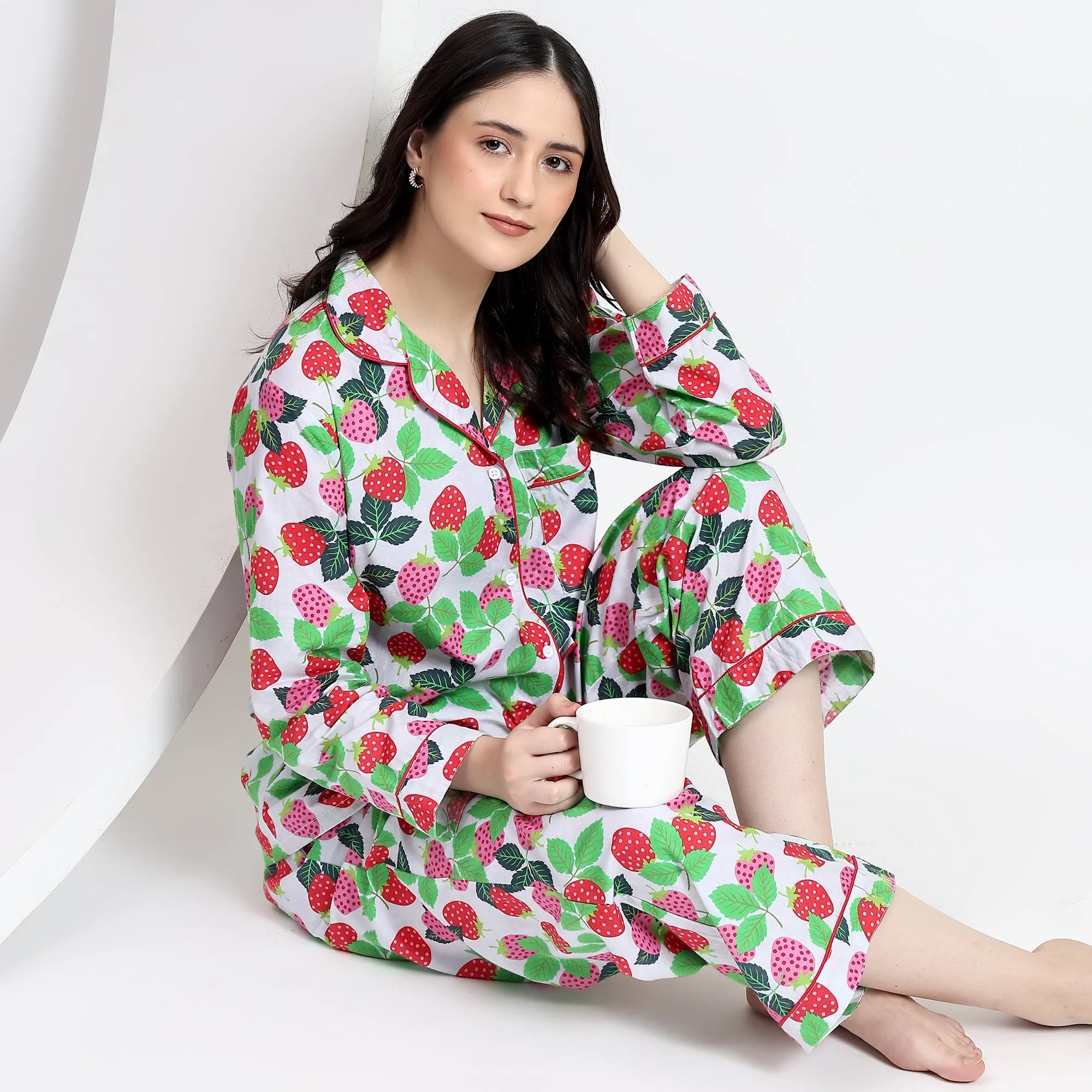 Full Sleeves PJ Set in Strawberry Print Cotton Fabric