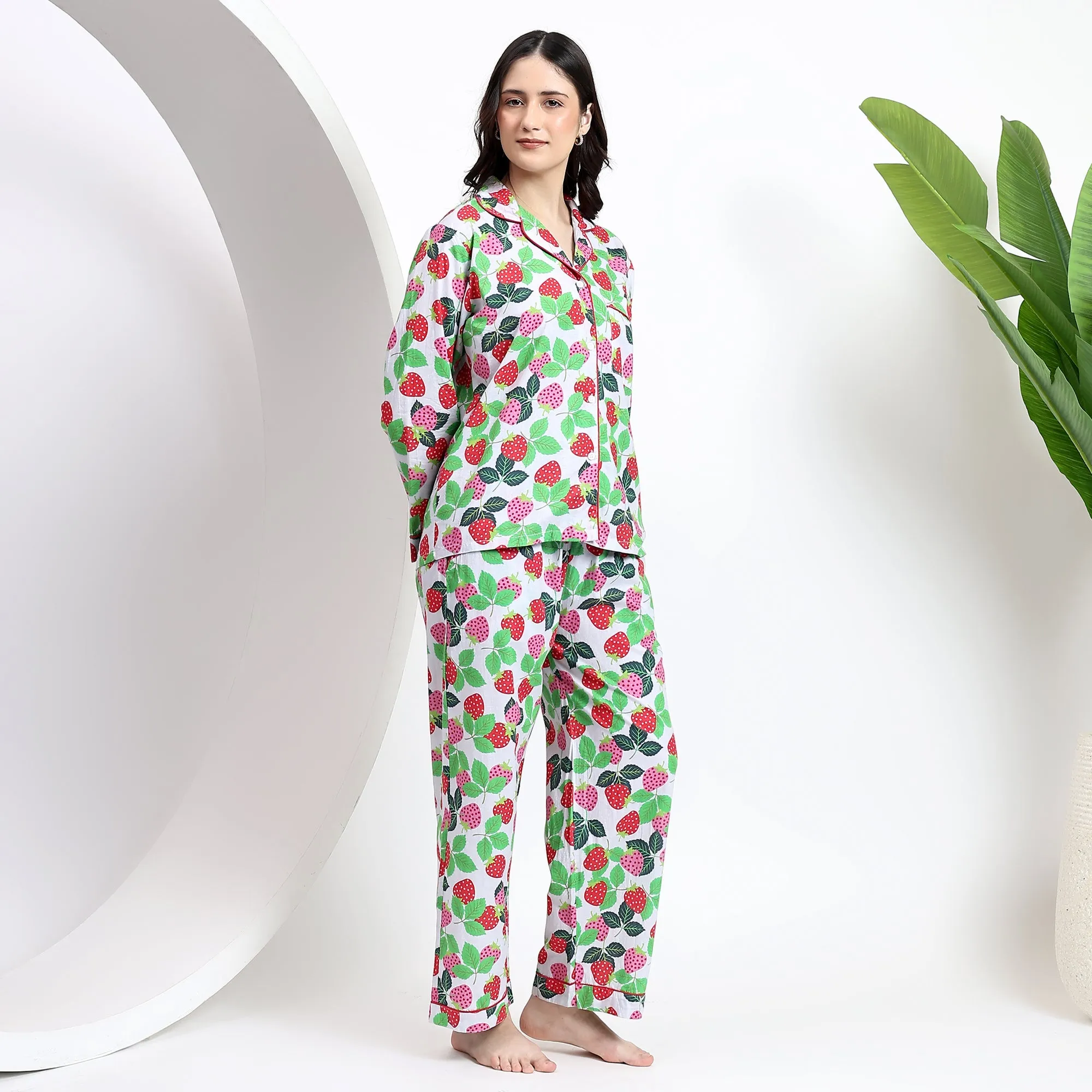 Full Sleeves PJ Set in Strawberry Print Cotton Fabric