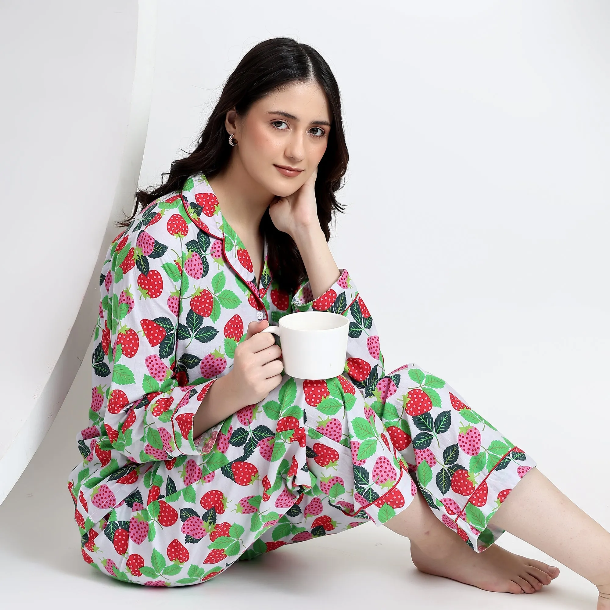Full Sleeves PJ Set in Strawberry Print Cotton Fabric