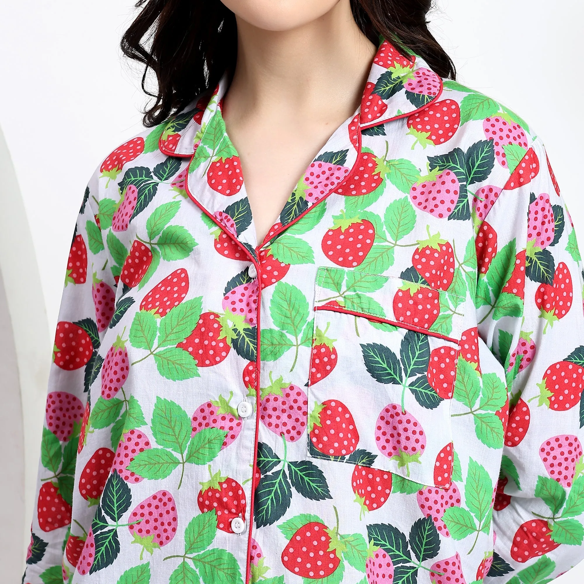 Full Sleeves PJ Set in Strawberry Print Cotton Fabric