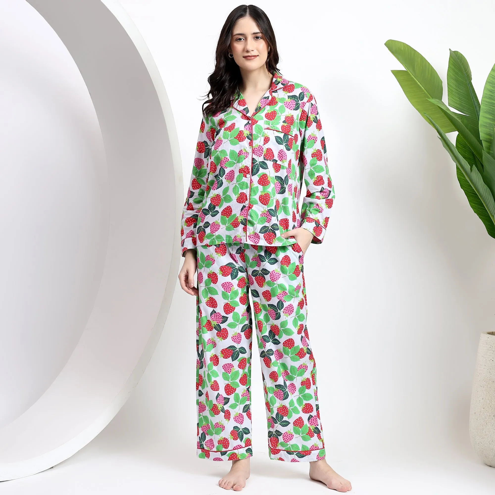 Full Sleeves PJ Set in Strawberry Print Cotton Fabric