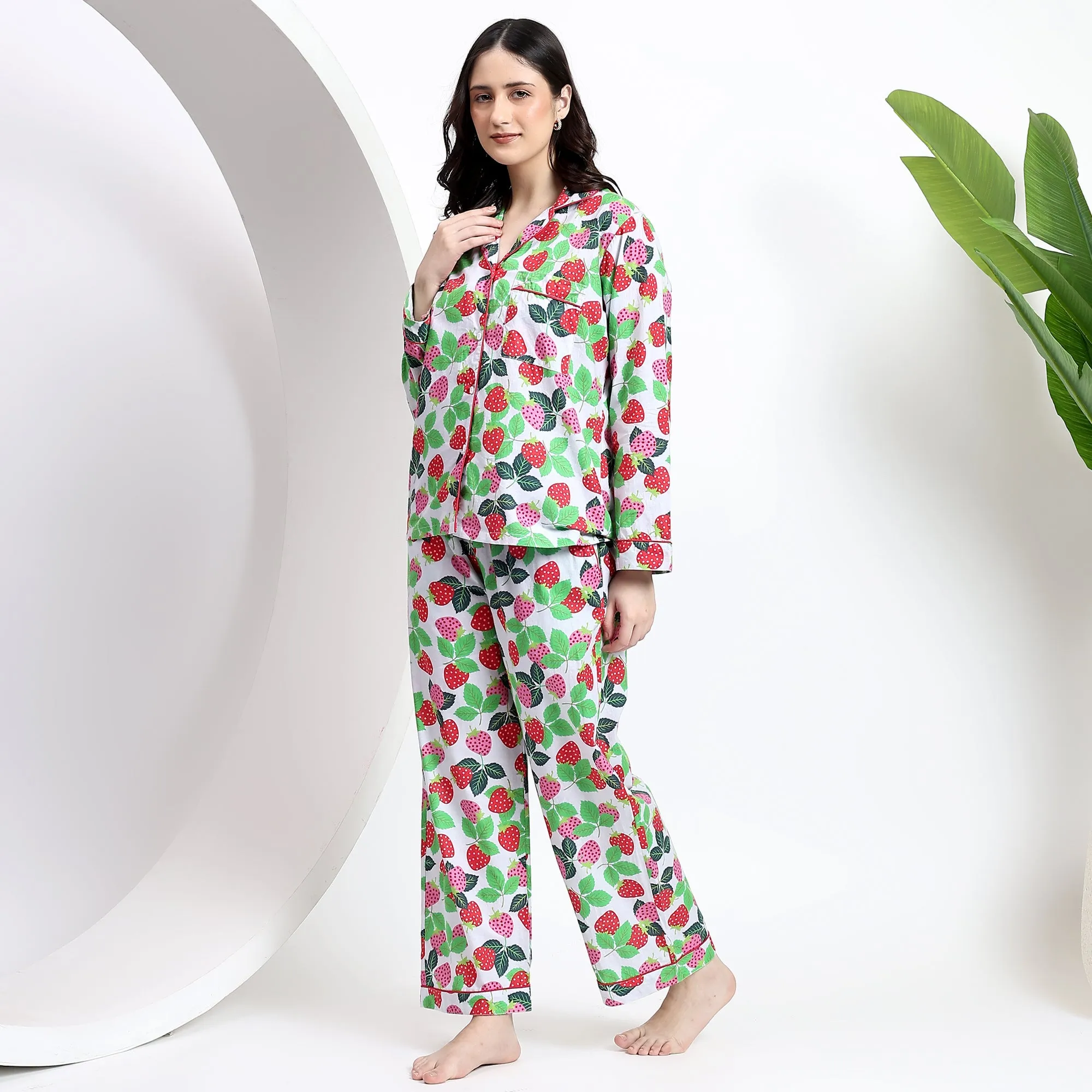Full Sleeves PJ Set in Strawberry Print Cotton Fabric