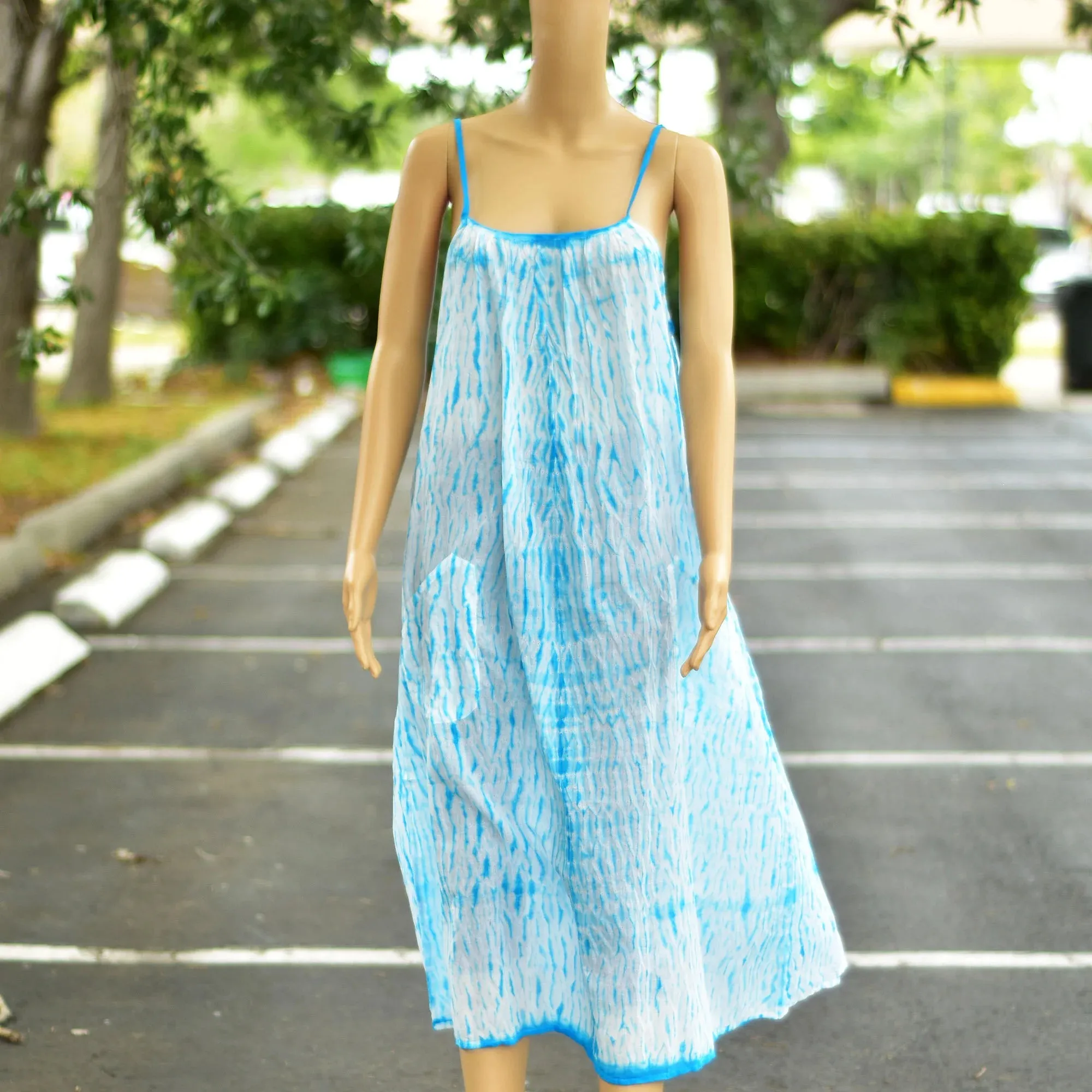 Gauze Cotton Shibori Tie-dye Spaghetti Strap Casual Summer boho Long Dress with Pockets Womens Plus Size Dress