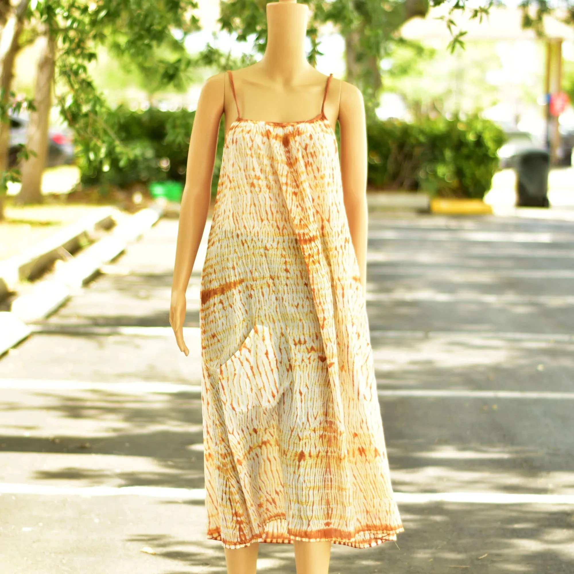 Gauze Cotton Shibori Tie-dye Spaghetti Strap Casual Summer boho Long Dress with Pockets Womens Plus Size Dress