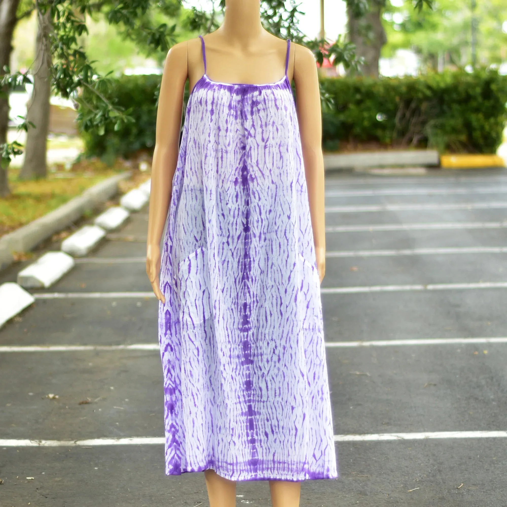 Gauze Cotton Shibori Tie-dye Spaghetti Strap Casual Summer boho Long Dress with Pockets Womens Plus Size Dress