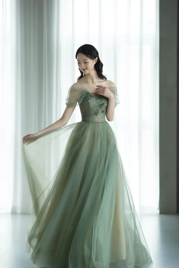 Green Tulle Long Prom Dress, Lovely A Line Off the Shoulder Evening Party Dress PFP2621
