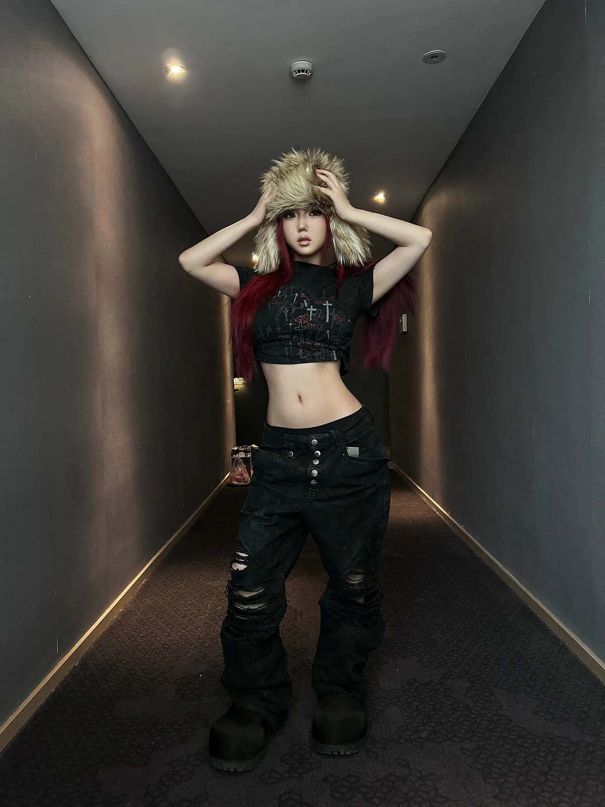 Gyaru Short T-shirt Gothic Skull Cross Print Top
