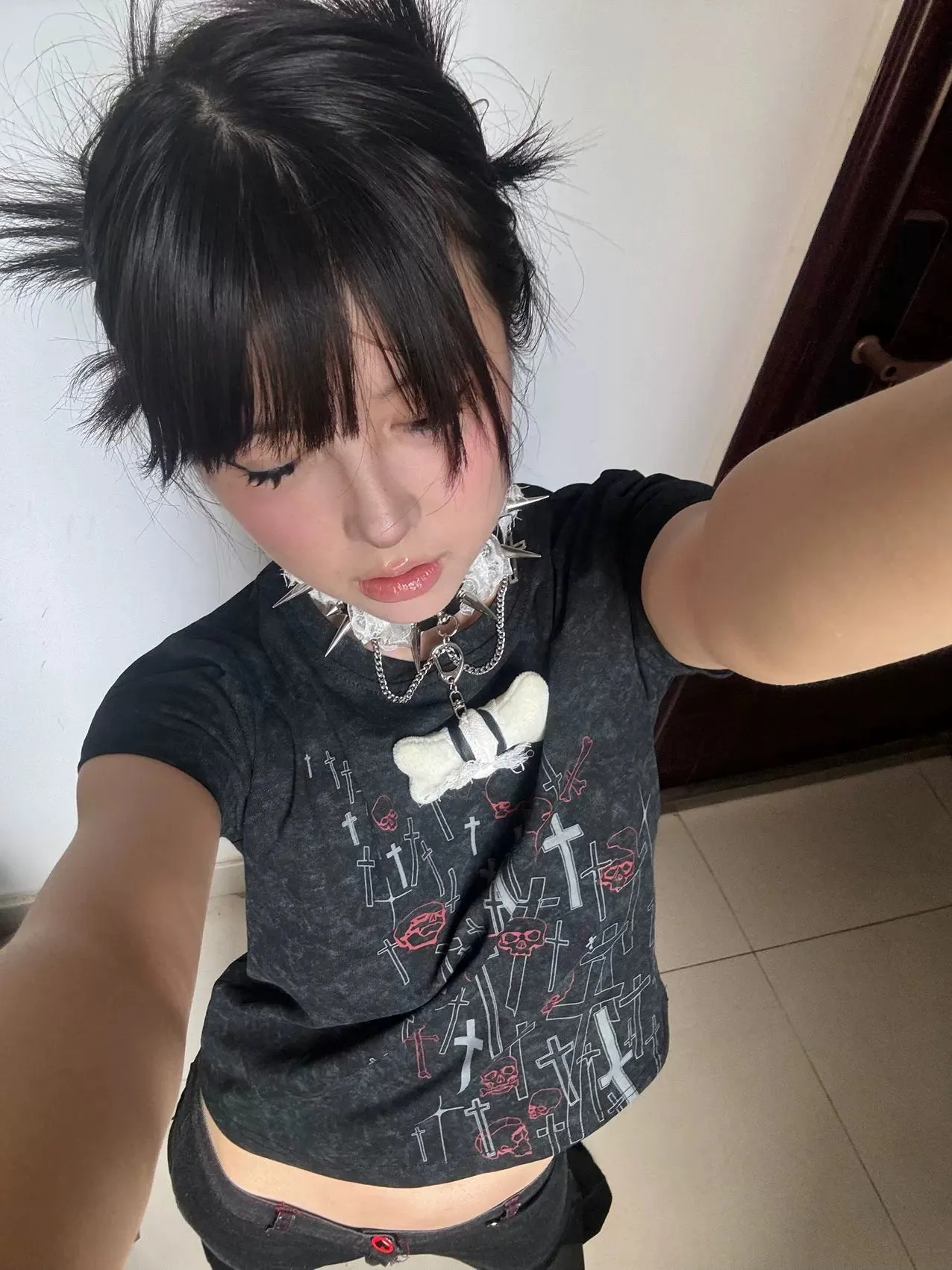 Gyaru Short T-shirt Gothic Skull Cross Print Top