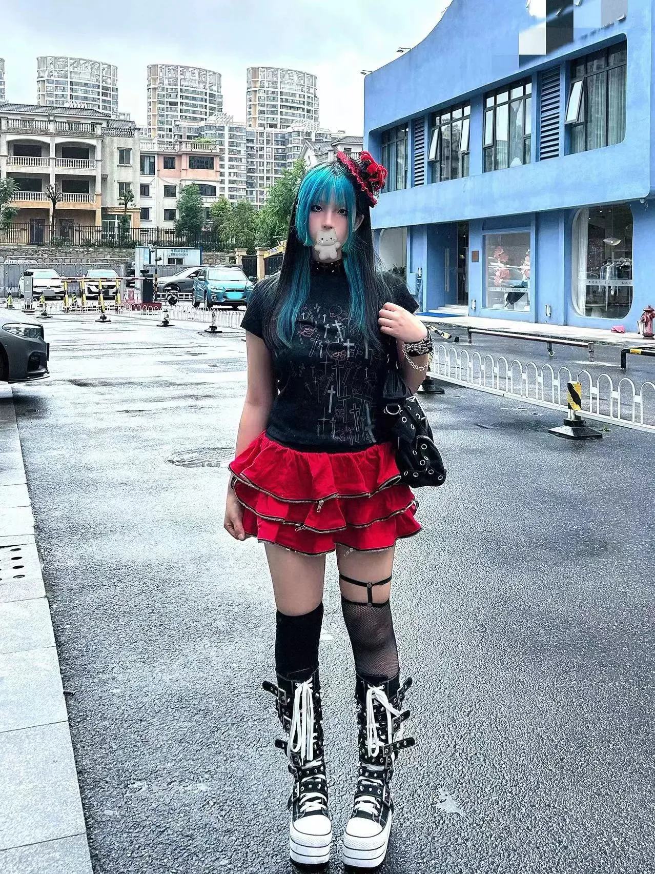 Gyaru Short T-shirt Gothic Skull Cross Print Top