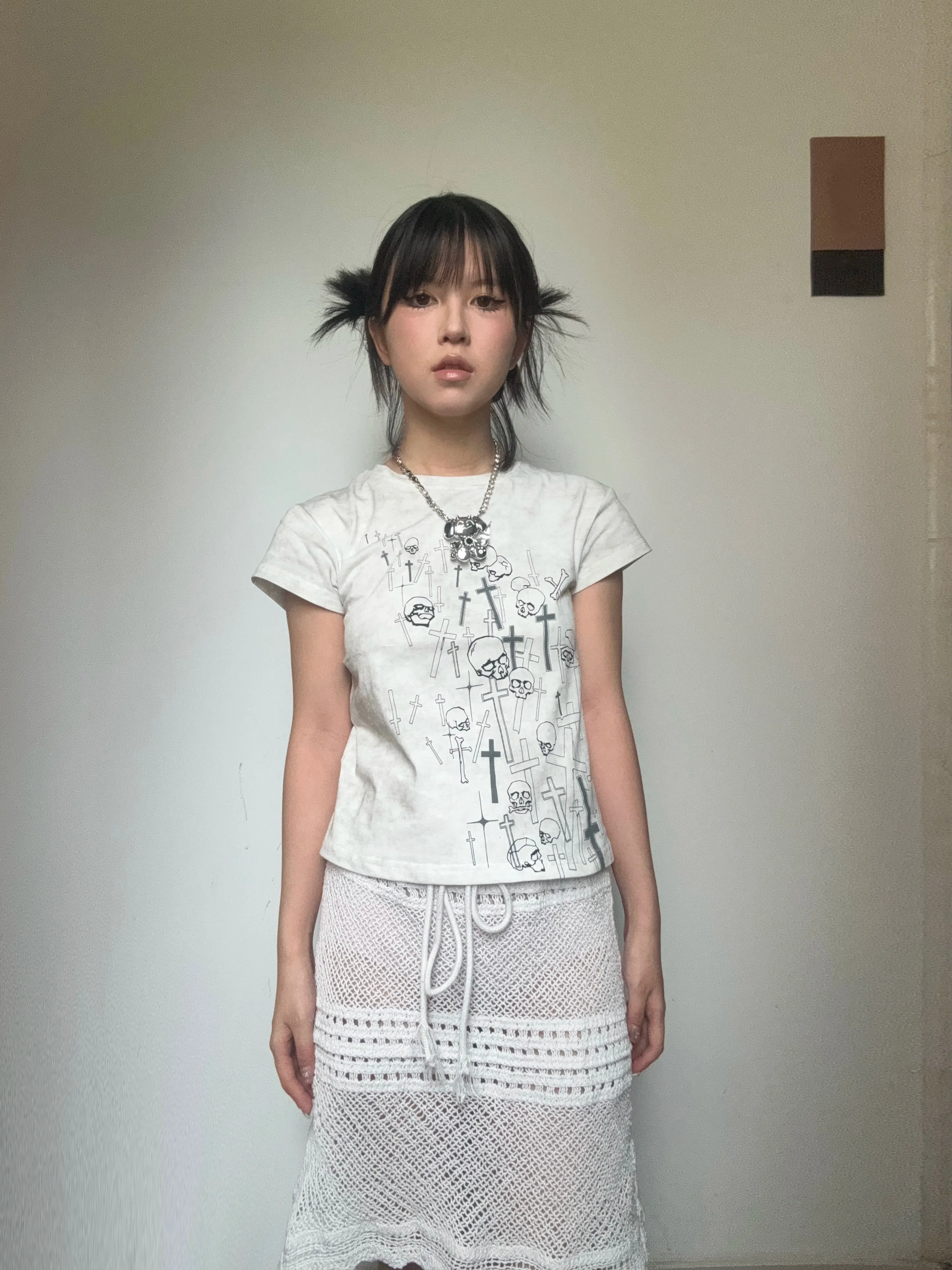 Gyaru Short T-shirt Gothic Skull Cross Print Top