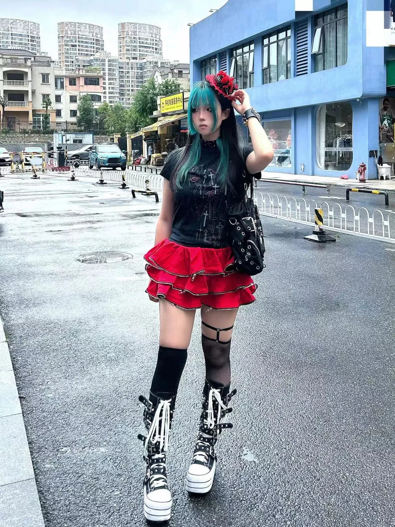 Gyaru Short T-shirt Gothic Skull Cross Print Top