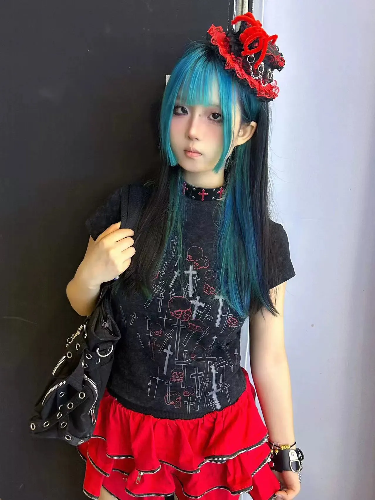 Gyaru Short T-shirt Gothic Skull Cross Print Top