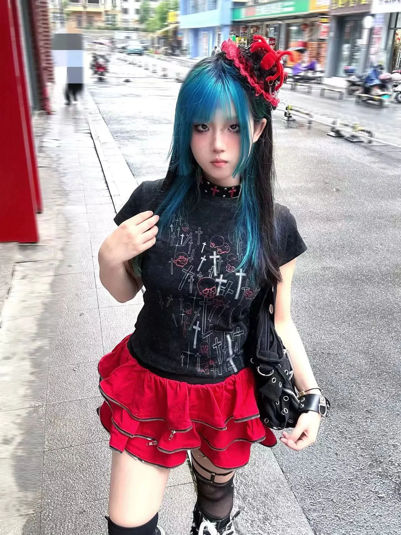 Gyaru Short T-shirt Gothic Skull Cross Print Top