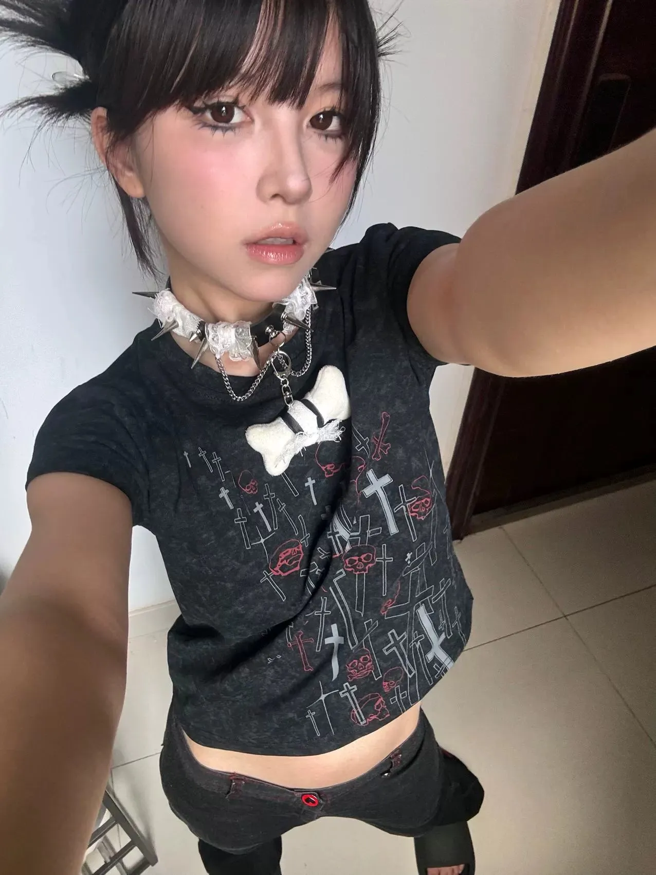 Gyaru Short T-shirt Gothic Skull Cross Print Top