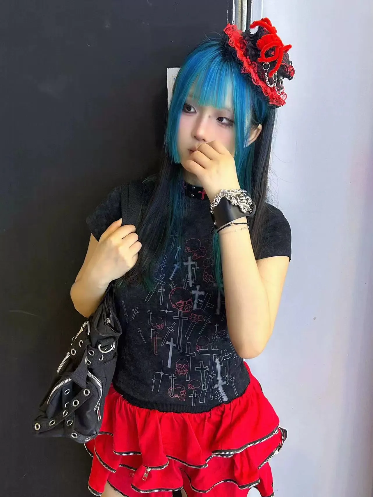 Gyaru Short T-shirt Gothic Skull Cross Print Top