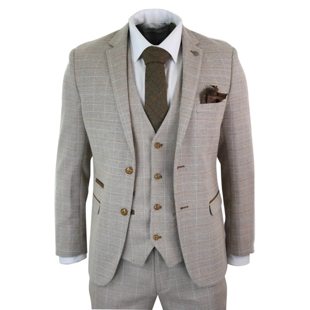 Holland - Men's Check Tweed Beige Brown 3 Piece Suit Wedding Prom Classic