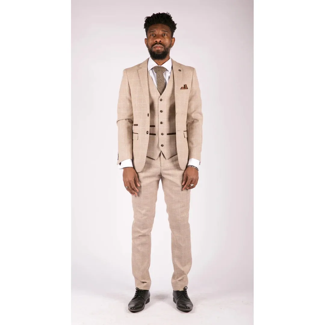 Holland - Men's Check Tweed Beige Brown 3 Piece Suit Wedding Prom Classic