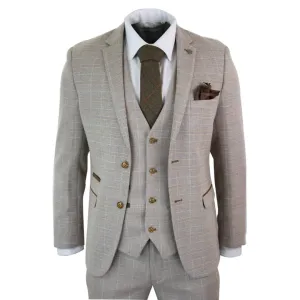 Holland - Men's Check Tweed Beige Brown 3 Piece Suit Wedding Prom Classic