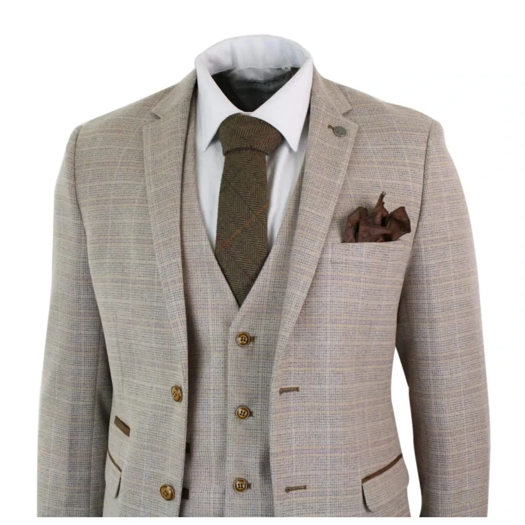Holland - Men's Check Tweed Beige Brown 3 Piece Suit Wedding Prom Classic