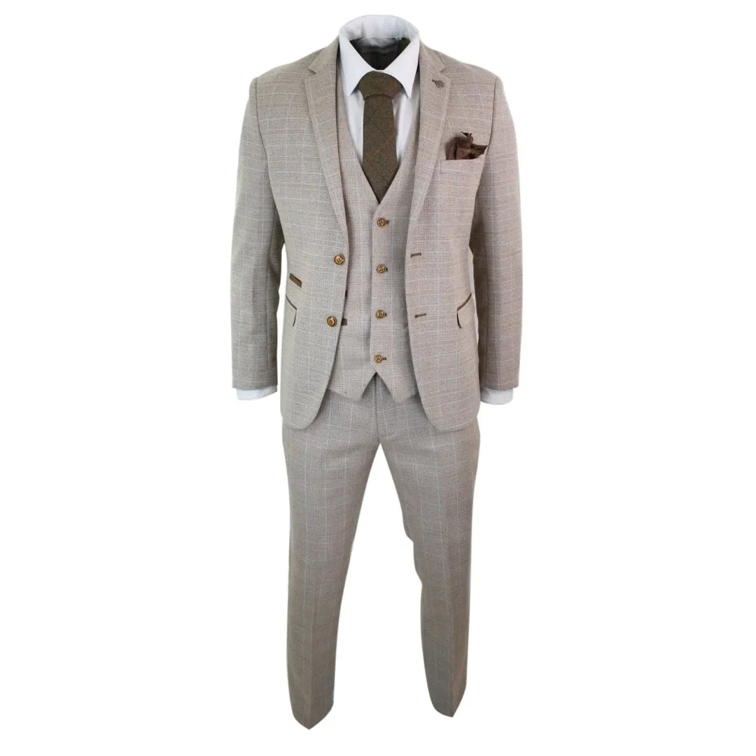 Holland - Men's Check Tweed Beige Brown 3 Piece Suit Wedding Prom Classic