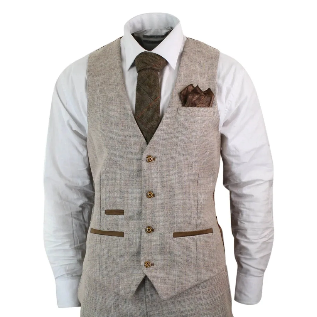 Holland - Men's Check Tweed Beige Brown 3 Piece Suit Wedding Prom Classic