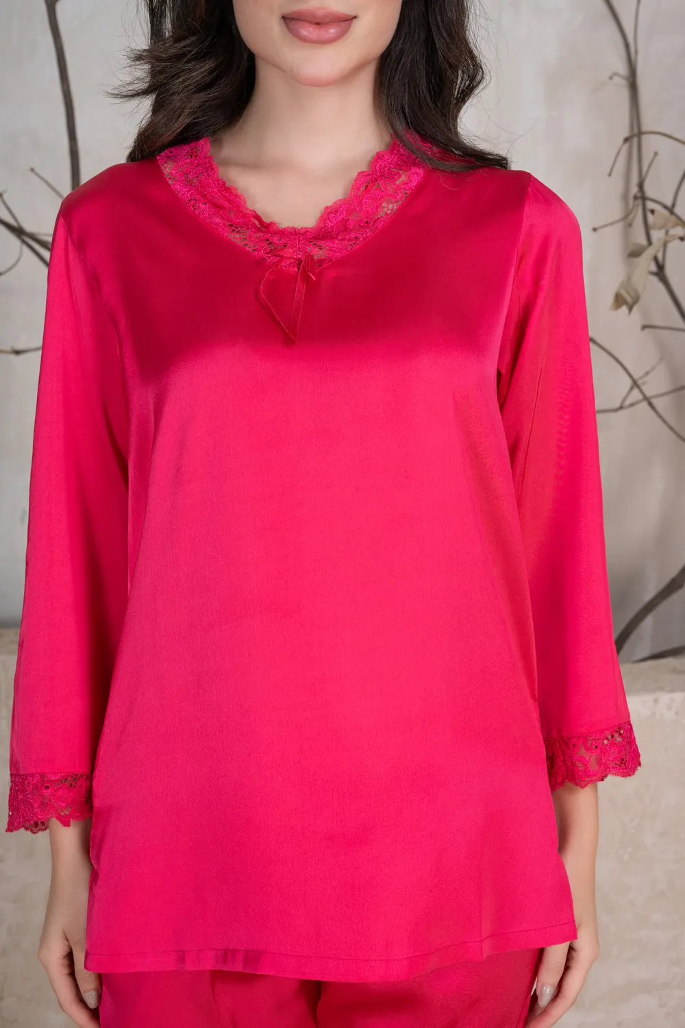 Hot pink satin Night suit with lace