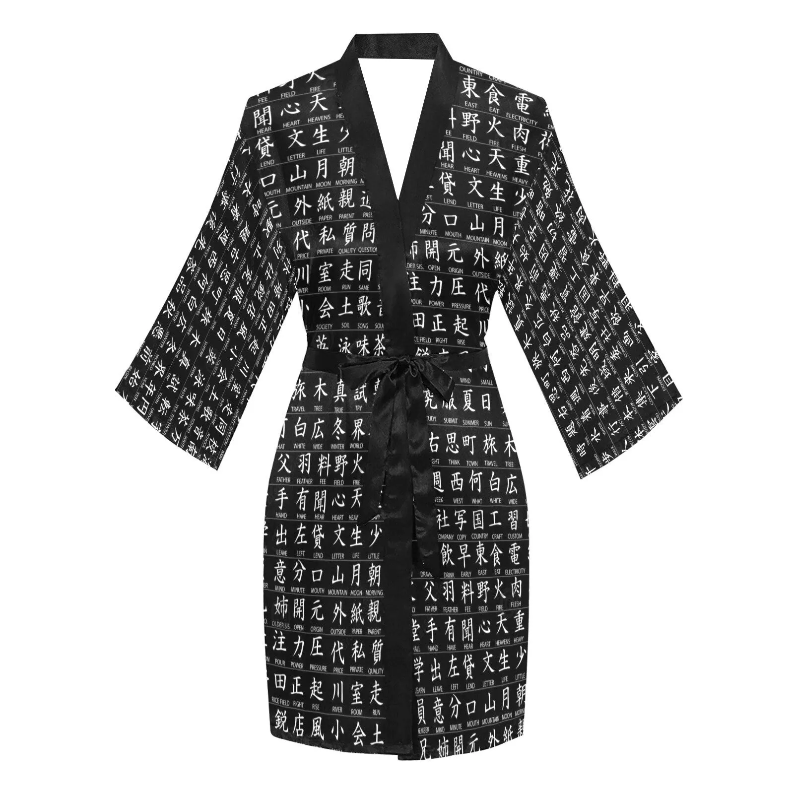 Japanese Kanji Black Sh/Lg Sleeve Kimono bathrobe,sleep/party wear,halloween,Gift For Her/Girlfriend/Aunt/Mom/Birthday/Valentine/Graduation