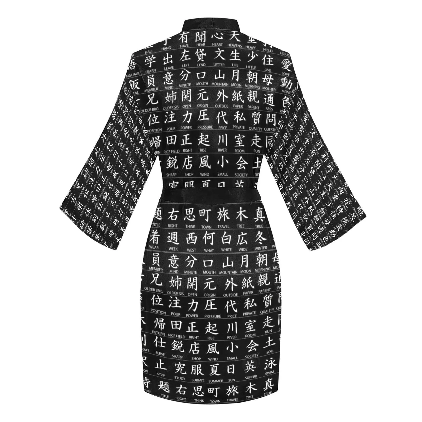 Japanese Kanji Black Sh/Lg Sleeve Kimono bathrobe,sleep/party wear,halloween,Gift For Her/Girlfriend/Aunt/Mom/Birthday/Valentine/Graduation