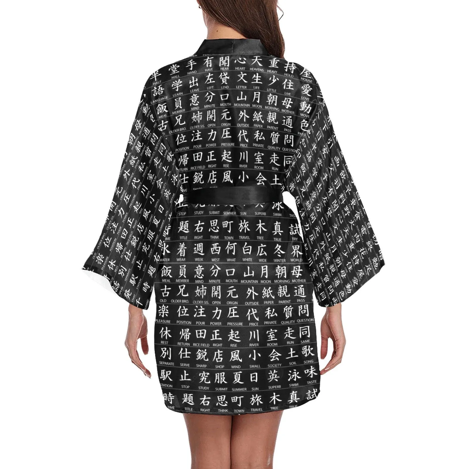 Japanese Kanji Black Sh/Lg Sleeve Kimono bathrobe,sleep/party wear,halloween,Gift For Her/Girlfriend/Aunt/Mom/Birthday/Valentine/Graduation