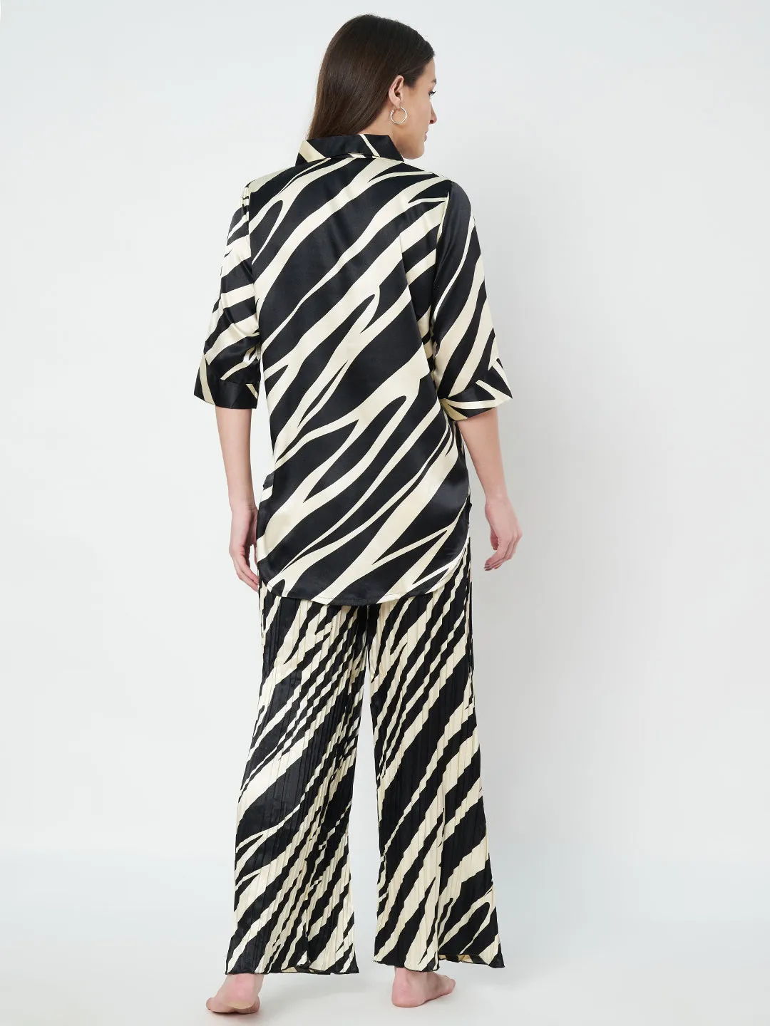 KOI SLEEPWEAR Zebra Print Satin Pleated Coord Set