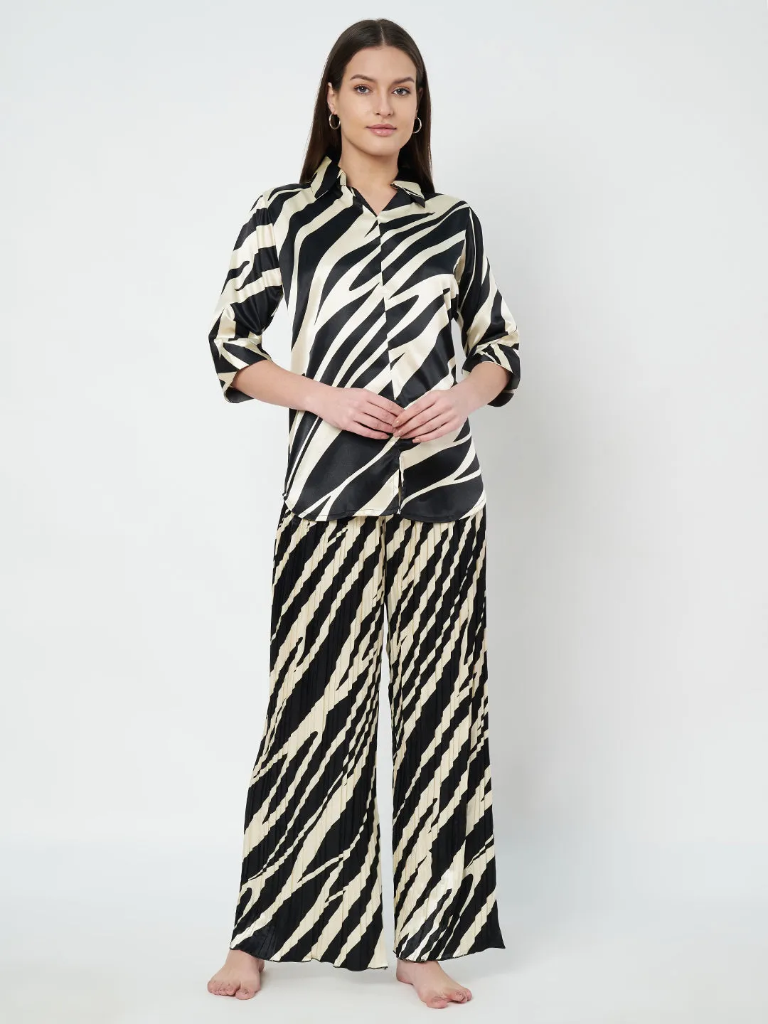 KOI SLEEPWEAR Zebra Print Satin Pleated Coord Set