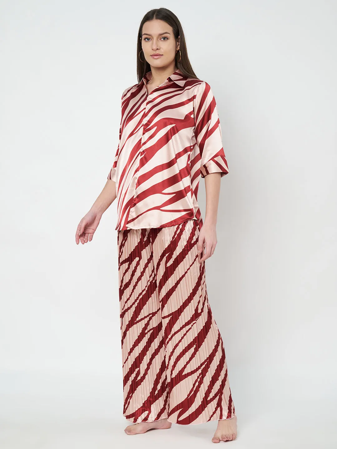 KOI SLEEPWEAR Zebra Print Satin Pleated Coord Set