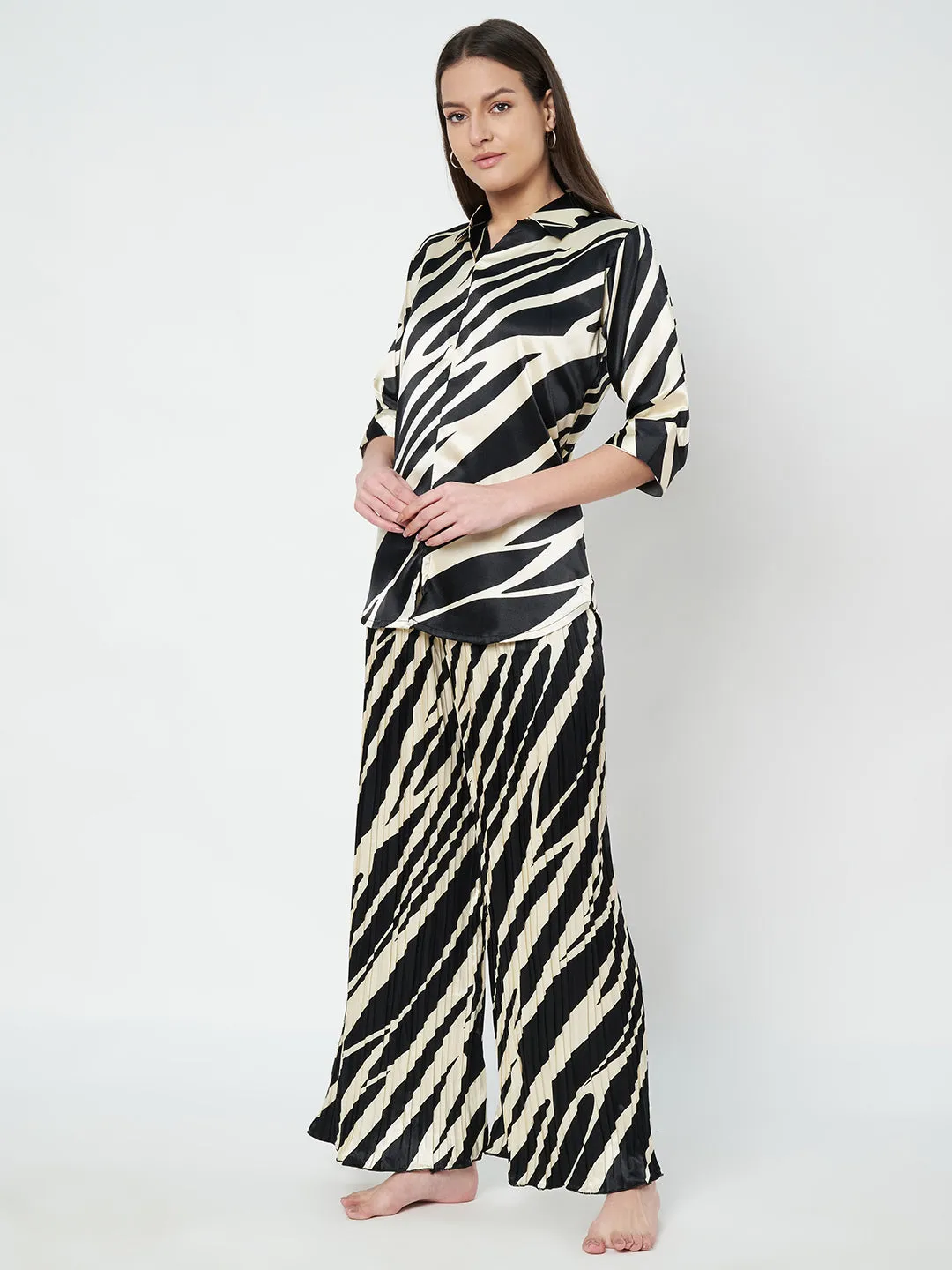 KOI SLEEPWEAR Zebra Print Satin Pleated Coord Set