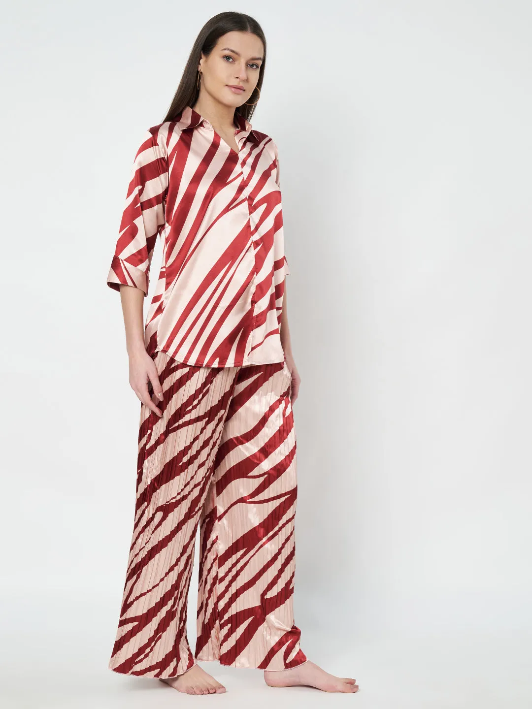 KOI SLEEPWEAR Zebra Print Satin Pleated Coord Set