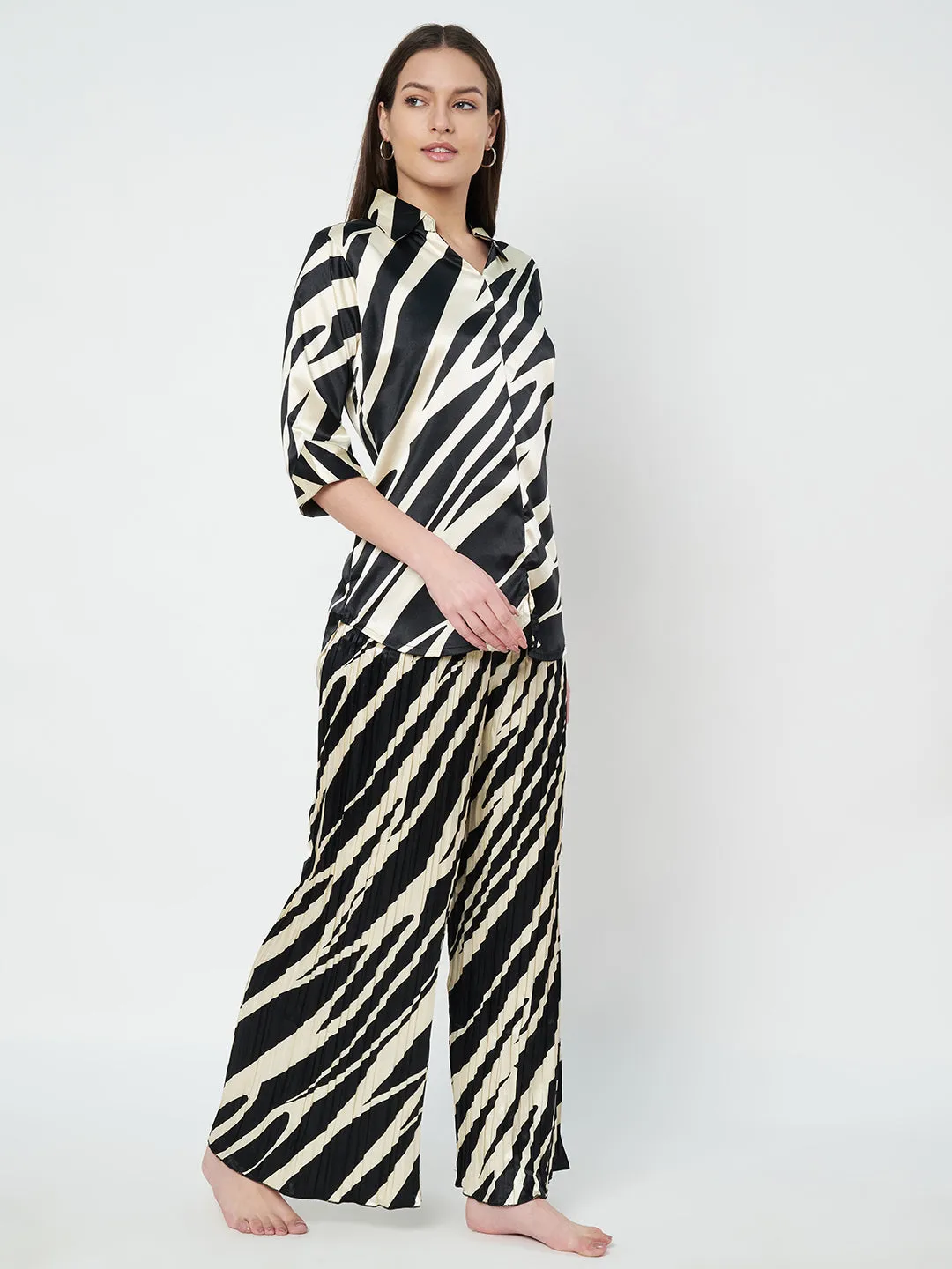 KOI SLEEPWEAR Zebra Print Satin Pleated Coord Set